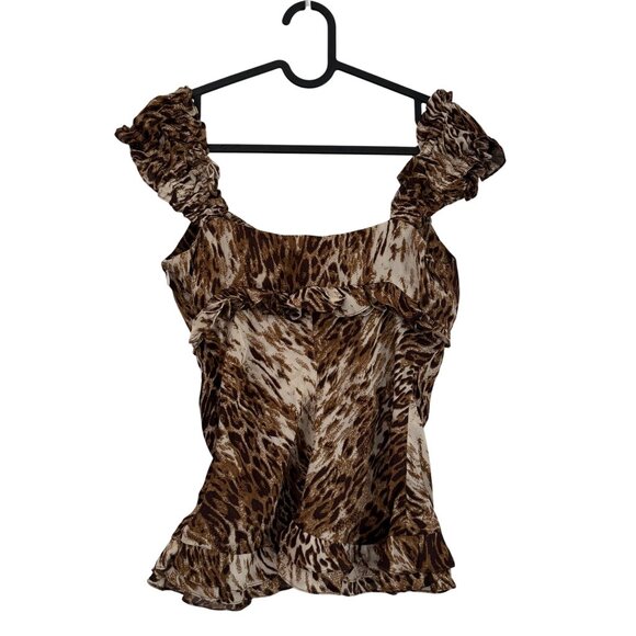 Bryan Bradley Silk Brown Animal Print Ruffle Ruched Ruffle Top Womens Small - Picture 7 of 9